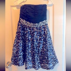 navy blue strapless sequin dress